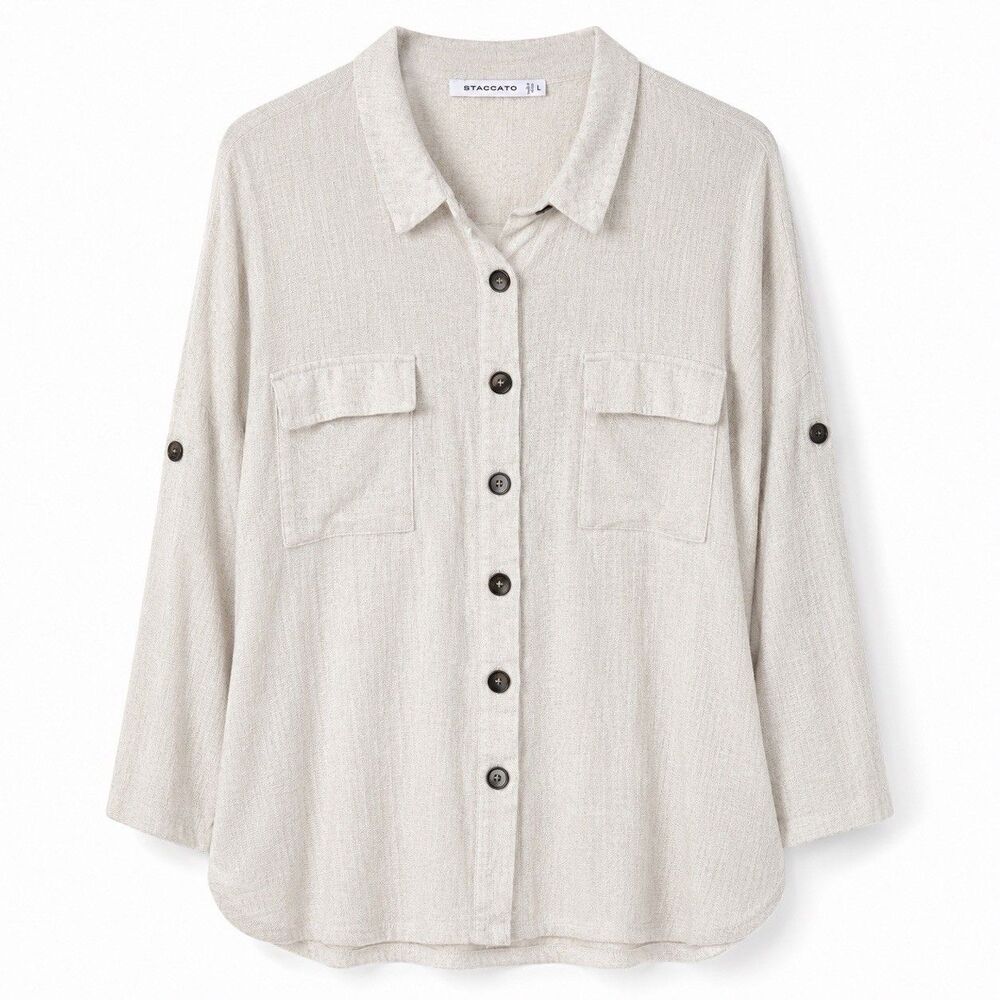 Staccato Shirt Women's Large Beige Linen Blend Roll Tab Sleeve Tunic Top